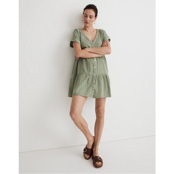 Madewell Lightspun Button Up Tiered blue Mini Dress Women's Size M V Neck - Picture 1 of 7